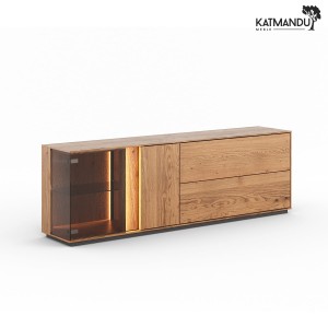 Komoda TV szeroka Katmandu COLLODI z przeszklonym frontem (naturalne drewno dębu – kolor dębowy)