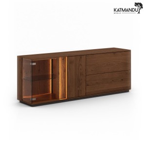 Komoda TV z przeszkleniem Katmandu COLLODI (naturalne drewno dębu – kolor tabacco)