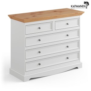Komoda Katmandu BELLUNO ELEGANTE 5-szufladowa 112 cm biały-naturalna sosna – prowansalska komoda drewniana