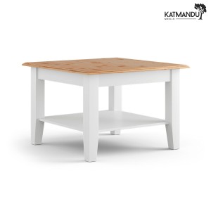 Ława Katmandu BELLUNO ELEGANTE 70×70 cm biały-naturalna sosna – mała prowansalska ława drewniana z półką