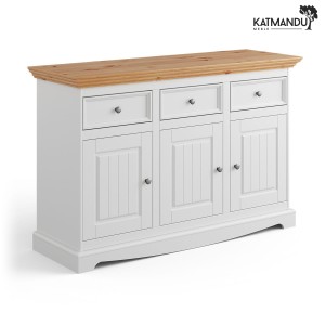 Komoda Katmandu BELLUNO ELEGANTE 3.3 130 cm biały-naturalna sosna z szufladami i szafkami – drewniana komoda prowansalska z naturalnej sosny