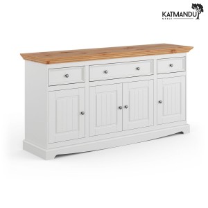 Komoda Katmandu BELLUNO ELEGANTE 4.3 biały-naturalna sosna – prowansalska komoda z szufladami i szafkami z naturalnej sosny