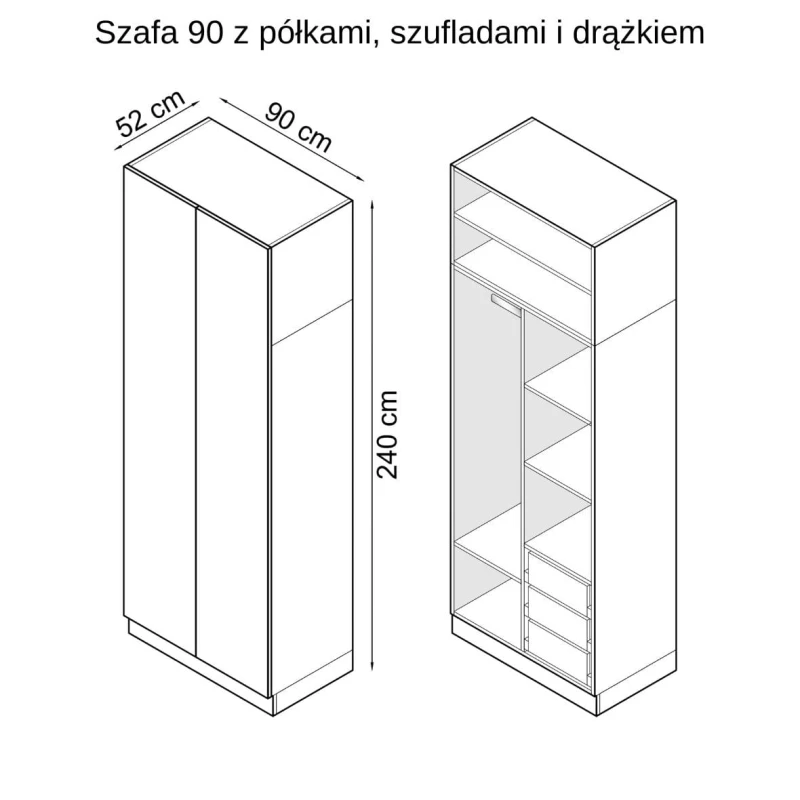 Szkic z wymiarami szafy 90 z półkami, szufladami i drążkami