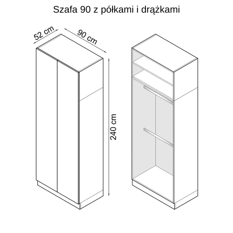 Szkic z wymiarami szafy 90 z półkami i drążkami