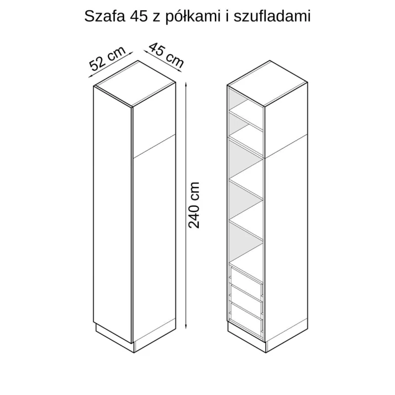 Szkic z wymiarami szafy 45 z półkami i szufladami