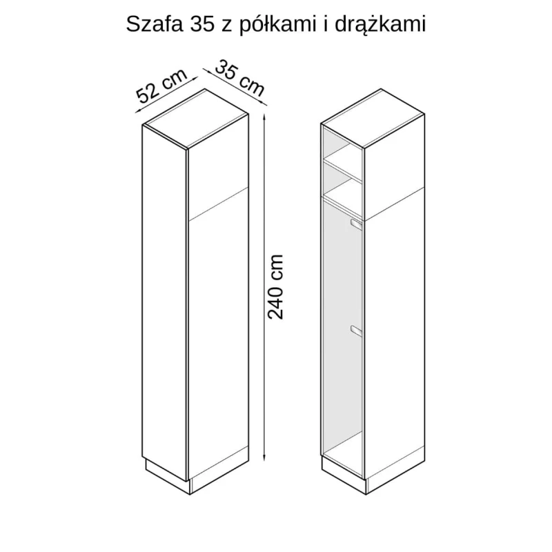 Szkic z wymiarami szafy 35 z półkami i drążkami