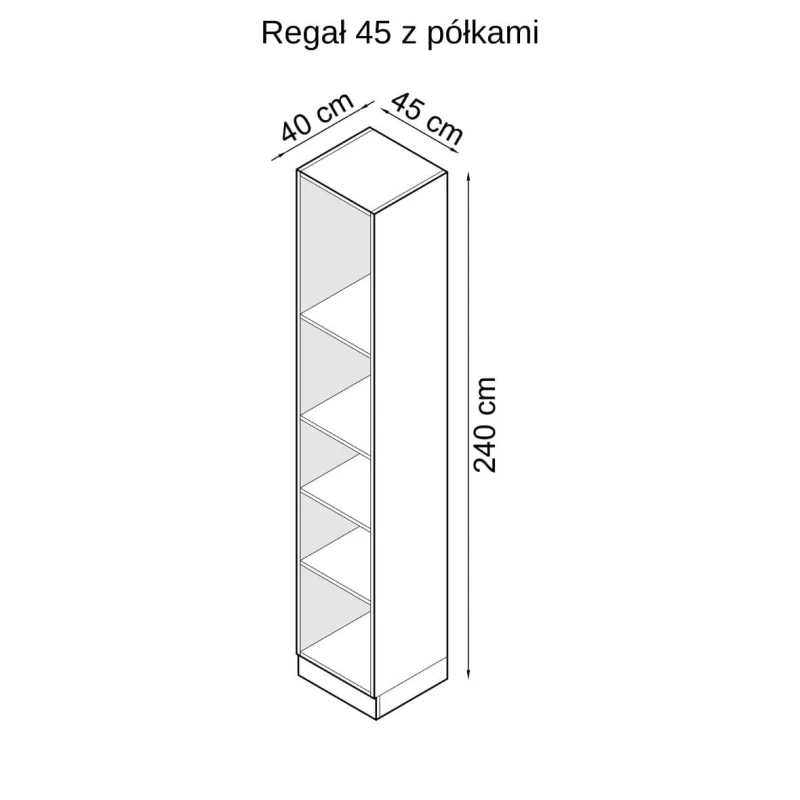 Szkic z wymiarami regału otwartego 45 z półkami