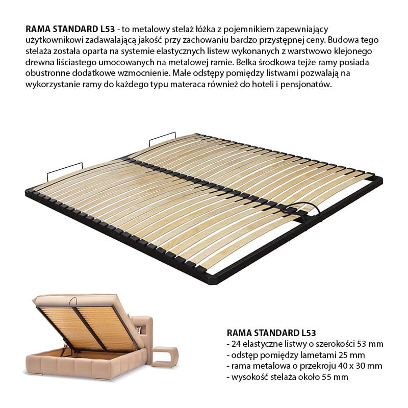 Metalowa, stabilna i mocna konstrukcja ramy do łóżek z pojemnikiem. Elastyczne listwy wykonane drewna liściastego.