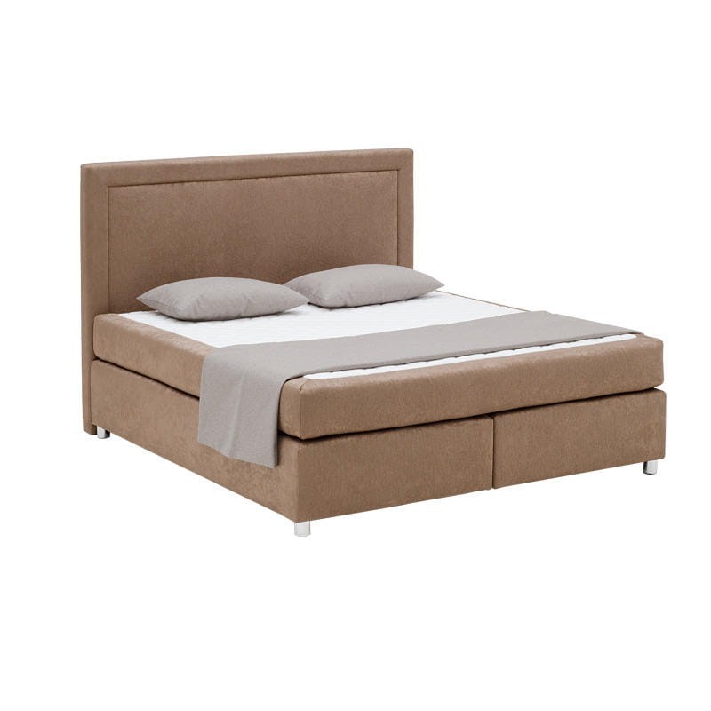 Łoże kontynentalne 400 z klasycznym, prostym wezgłowiem z ozdobnym przeszyciem w kształcie ramki. Praktyczny pojemnik na stelażu elastycznym. Metalowa noga chromowana.