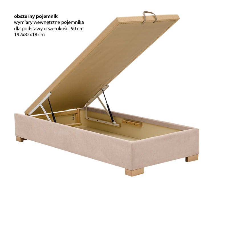 Praktyczna podstawa P z obszernym pojemnikiem na elastycznym stelażu podnoszonym od tyłu na siłownikach gazowych. Solidna konstrukcja ramy wykonana jest z drewna.