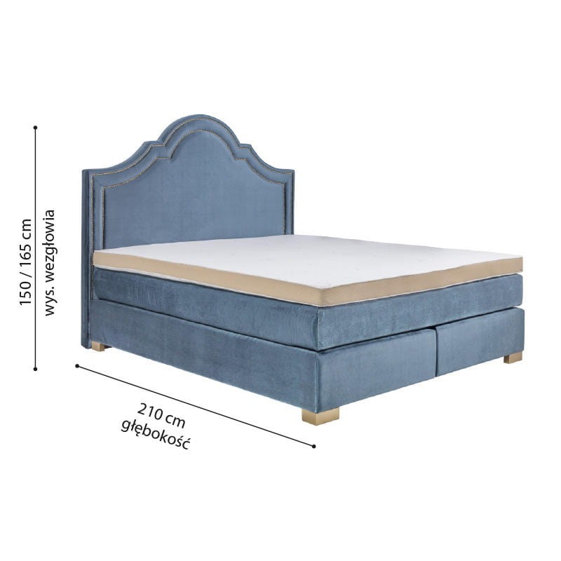 Łoże kontynentalne 900 z estetycznym i eleganckim wezgłowiem ozdobionym ćwiekami. Stabilna, mocna podstawa zapewnia właściwe podparcie materaca. Metalowa noga chromowana.