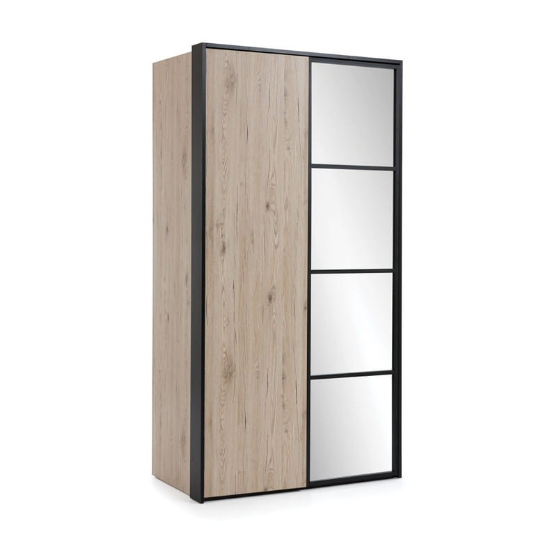 Szafa Glass Loft 2D - Szafa 2 Drzwiowa z drzwiami uchylnymi otwieranymi  w systemie push and Pull wykonana z płyty laminowanej o grubości frontów 25mm  połączenie jasnych barw z ramką metalową w ktorej osadzone są lustra ozdobi każde loftowe wnętrze.