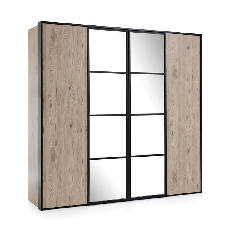 Szafa Glass Loft 4D - Szafa 4 Drzwiowa z drzwiami uchylnymi otwieranymi  w systemie push and Pull wykonana z płyty laminowanej o grubości frontów 25mm  połączenie jasnych barw z ramką metalową w ktorej osadzone są lustra ozdobi każde loftowe wnętrze.