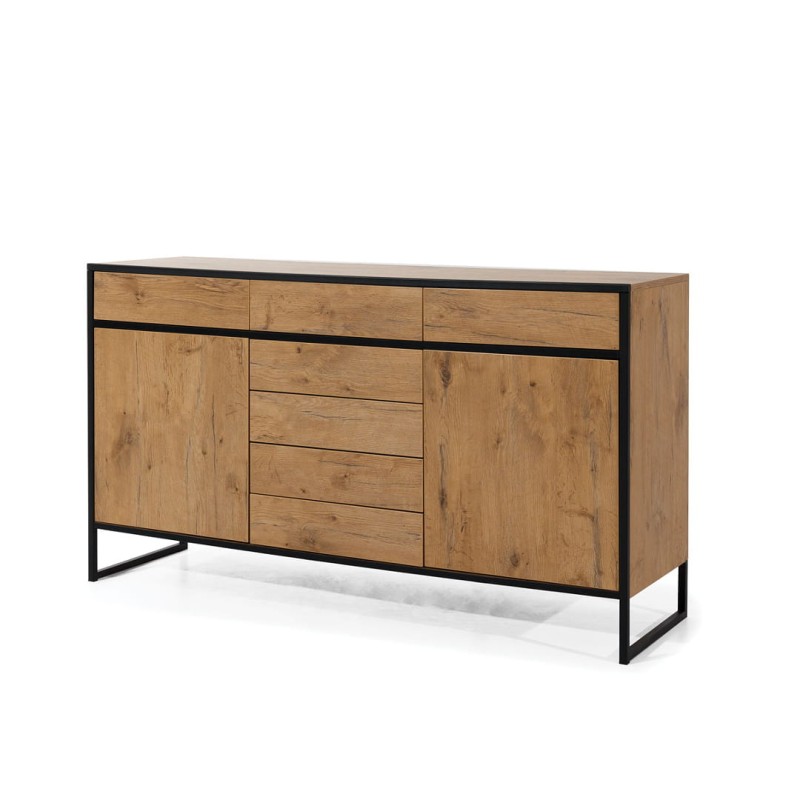 Komoda LOFT na czarnym metalowym stelażu, dwudrzwiowa z szufladami otwieranymi systemem push and pull z elementami płyty laminowanej w kolorze starego dębu.