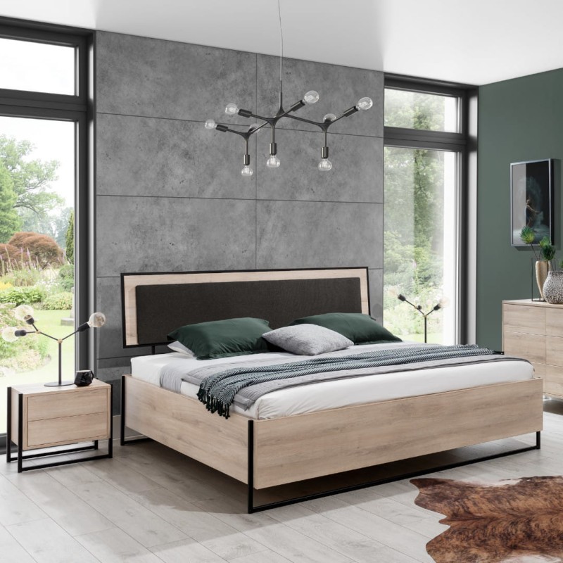 Łóżko LOFT LORENZO w stylu industrialnym z tapicerowanym wezgłowiem