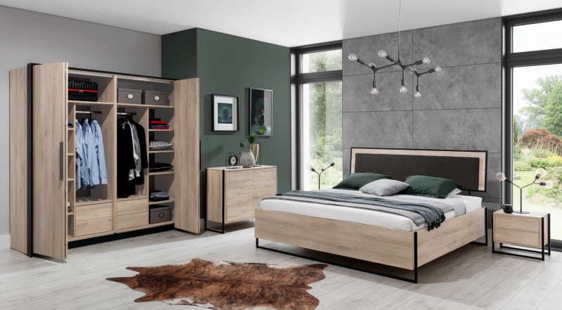 Aranżacja sypialni LOFT LORENZO zestaw mebli na czarnych metalowych stelażach - z perspektywy