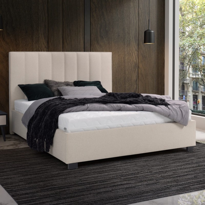 Aranżacja łóżka tapicerowanego ANNE, na wezgłowiu pasy pionowe co 20 cm