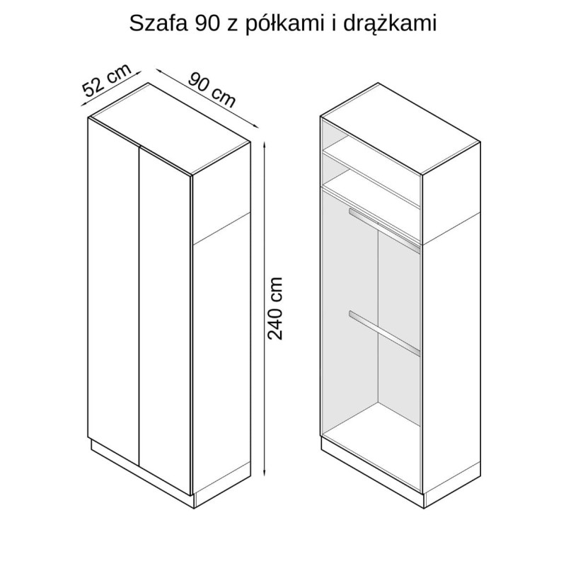 Szkic z wymiarami szafy 90 z półkami i drążkami