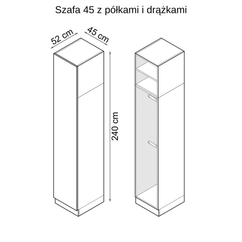 Szkic z wymiarami szafy 45 z półkami i drążkami