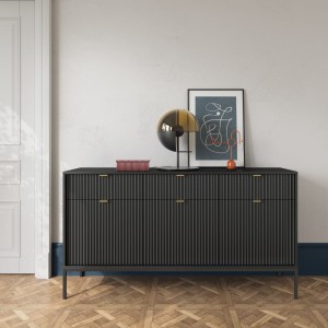 Komoda Piaski NOVA KSZ154 szer. 154 cm z ryflowaniami, kolor czarny, złote uchwyty