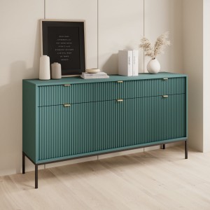 Komoda Piaski NOVA KSZ154 szer. 154 cm z ryflowaniami, kolor labrador(zielony), złote uchwyty